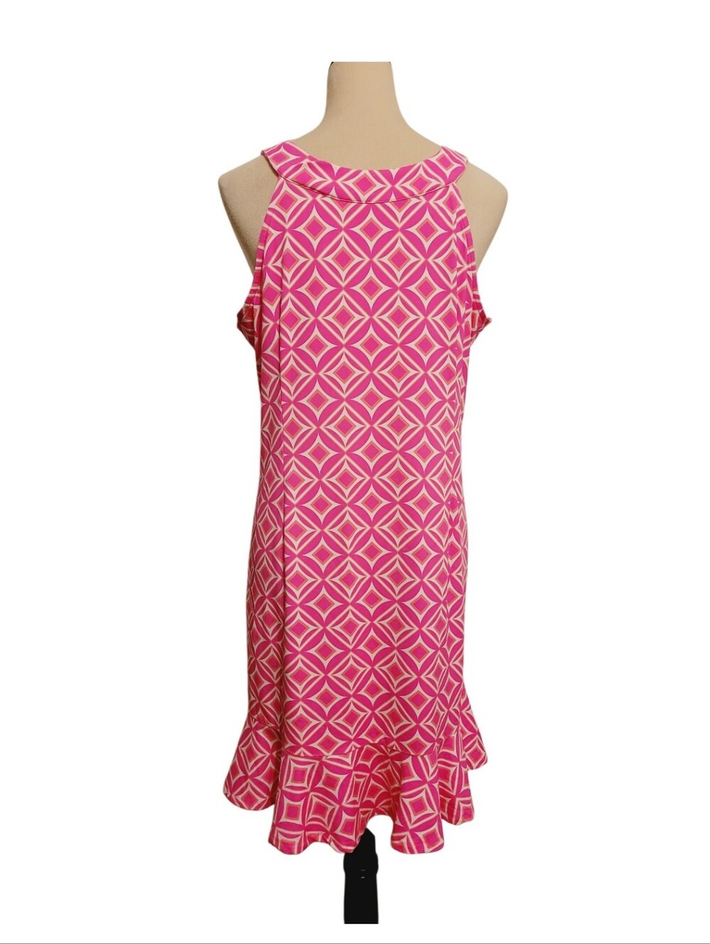 Lulu-B Women's SZ Large Pink Geometric Ruffle Hem Dress Stretch Coastal Grandma - Picture 5 of 10